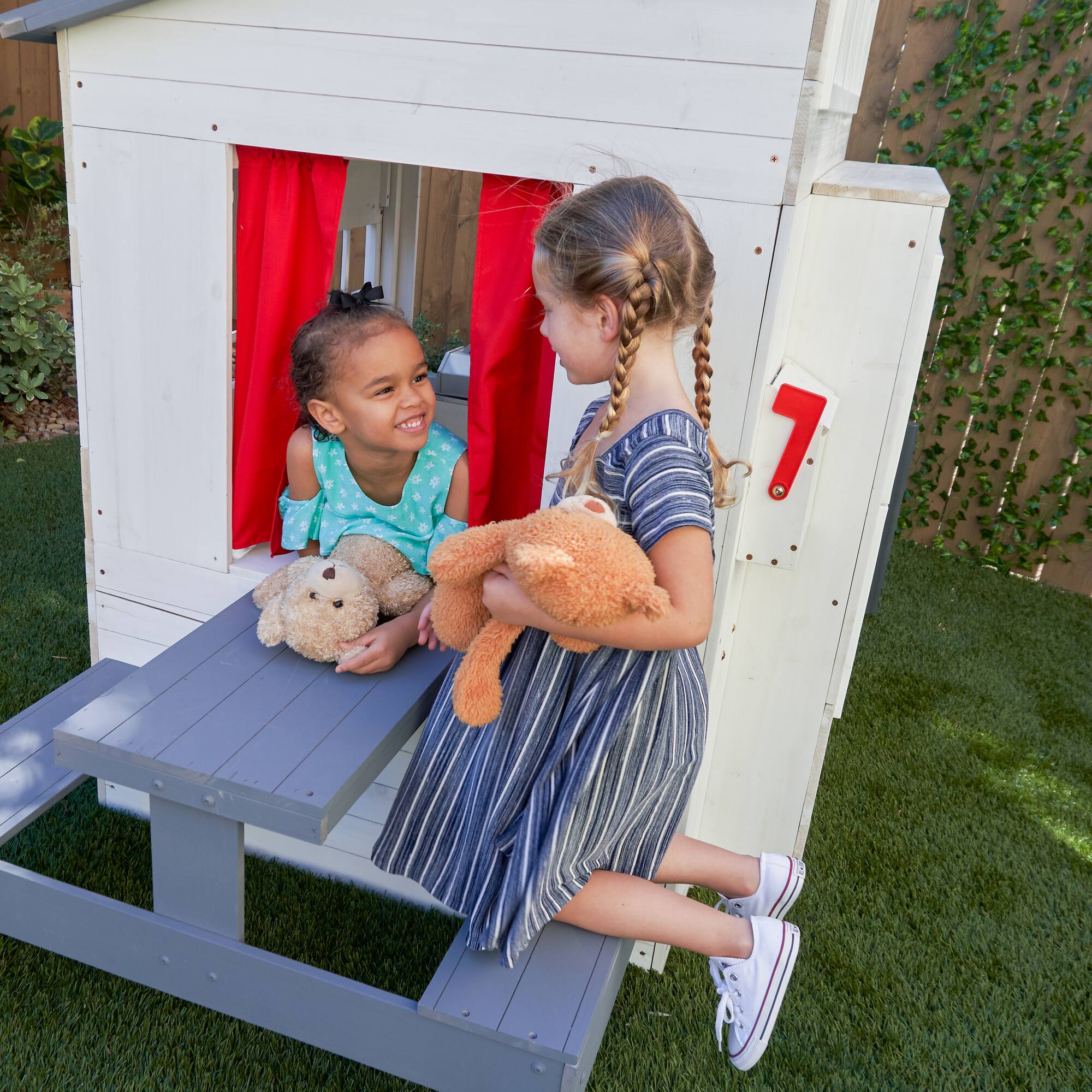 KidKraft White Modern Outdoor Wooden Playhouse with Picnic Table, Mailbox & Outdoor Grill